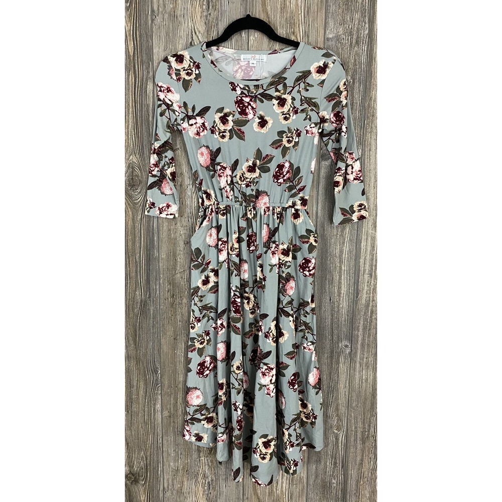Bailey's Blossoms Midi Dress XS Floral Stretchy Pockets 3/4 Sleeve Cottagecore‎